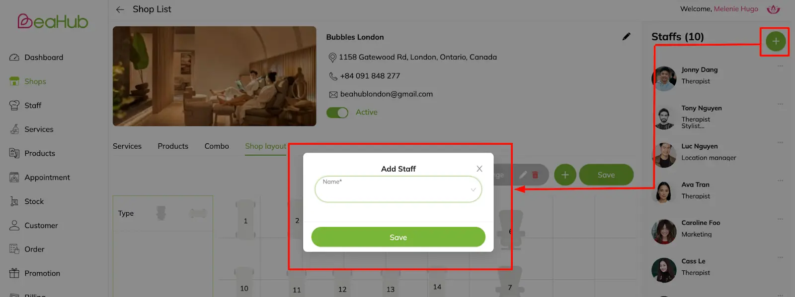 Add staff to the shop: Click Add button > Select staff > Click Save