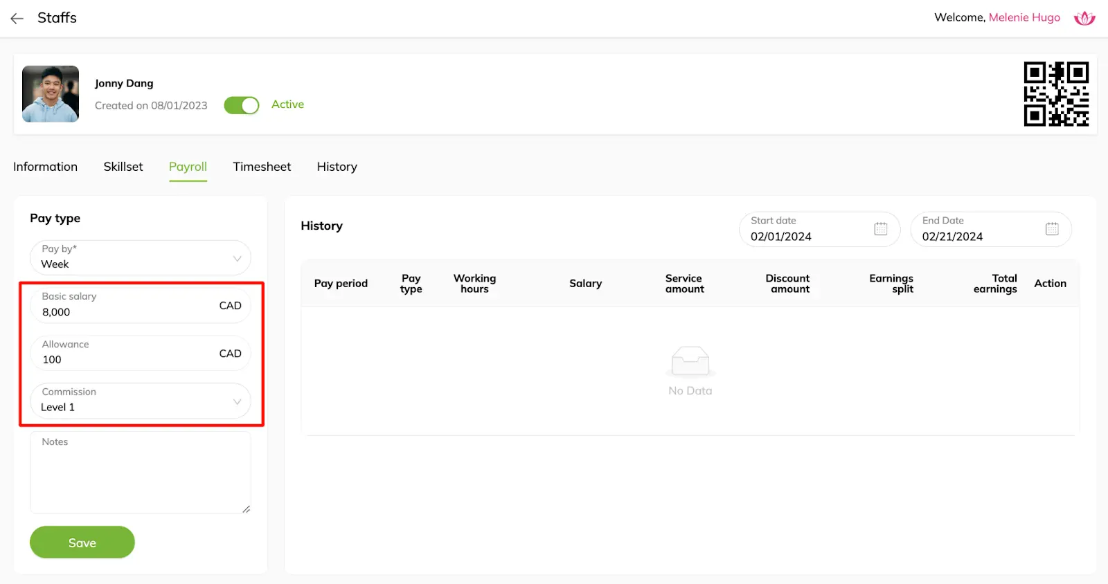 Salary-based staff: Set up Basic salary, Allowance, Commission level & add notes if any