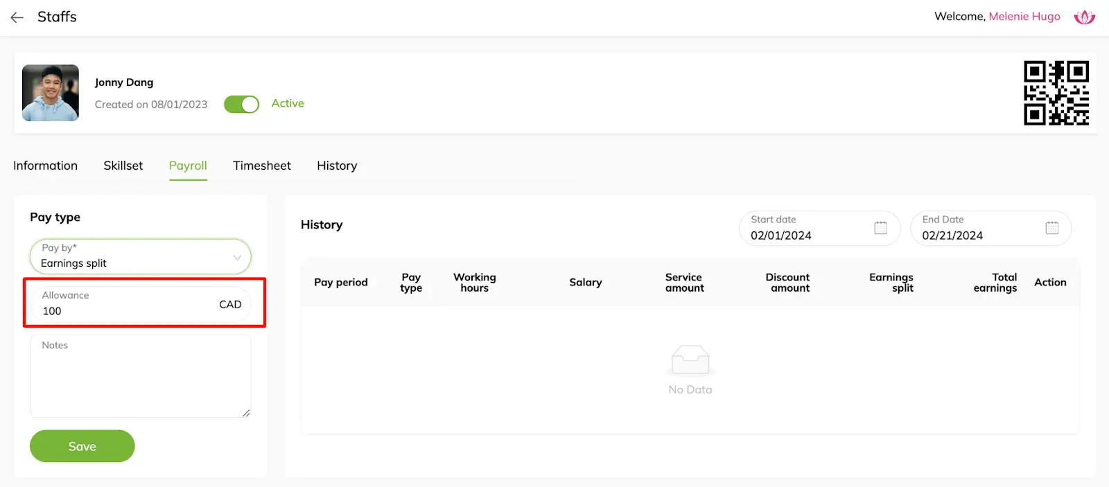 Earnings split staff: Set up Allowance & add notes if any