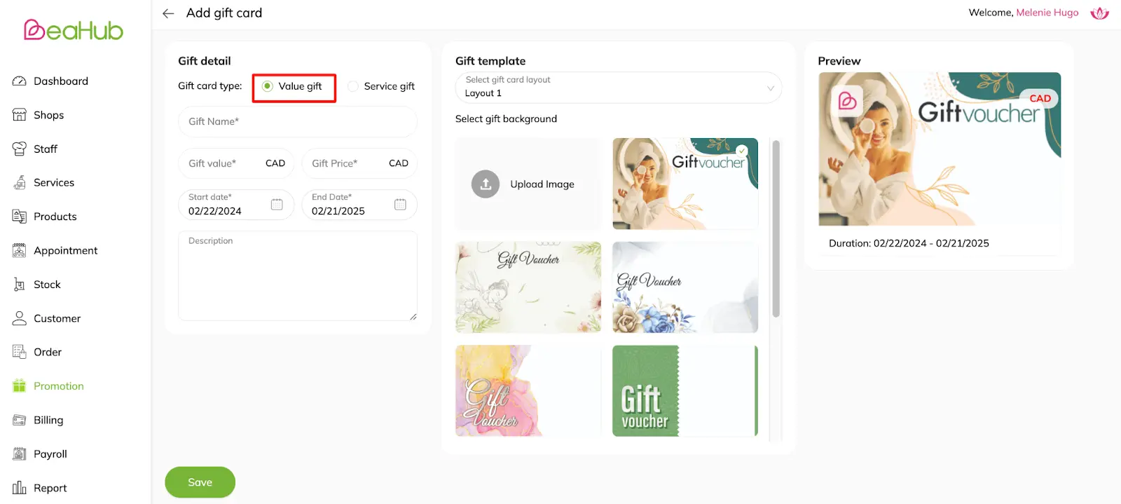 Create gift card: Value gift detail page