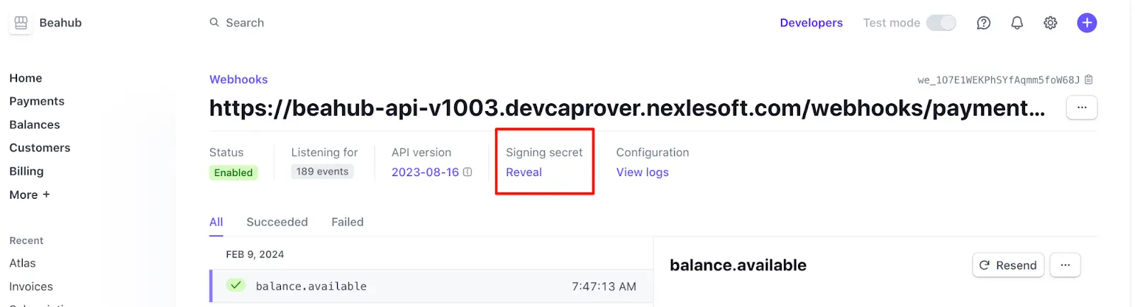 Stripe’s signing secret: (4) Click the created endpoint > Reveal signing secret