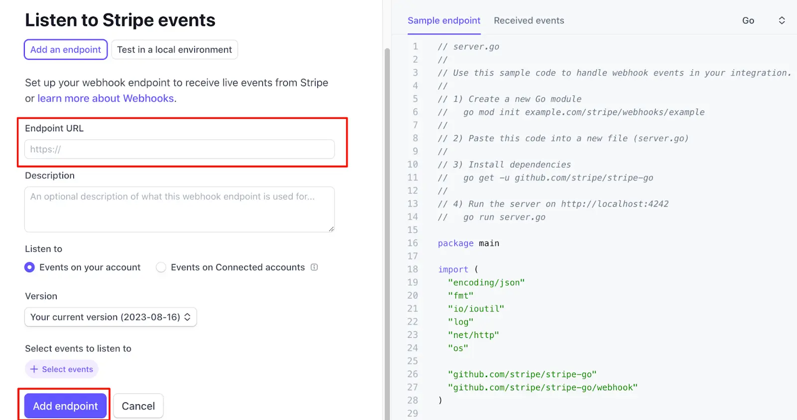 Secret de signature de Stripe : (3) Ajouter un point de terminaison