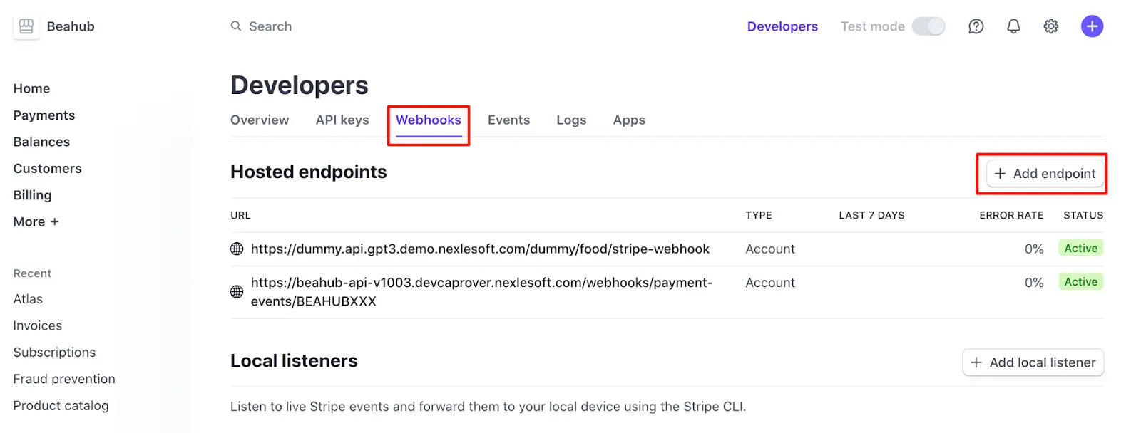 Stripe’s signing secret: (2) Add endpoint to your Stripe account at Developers - Webhooks tab