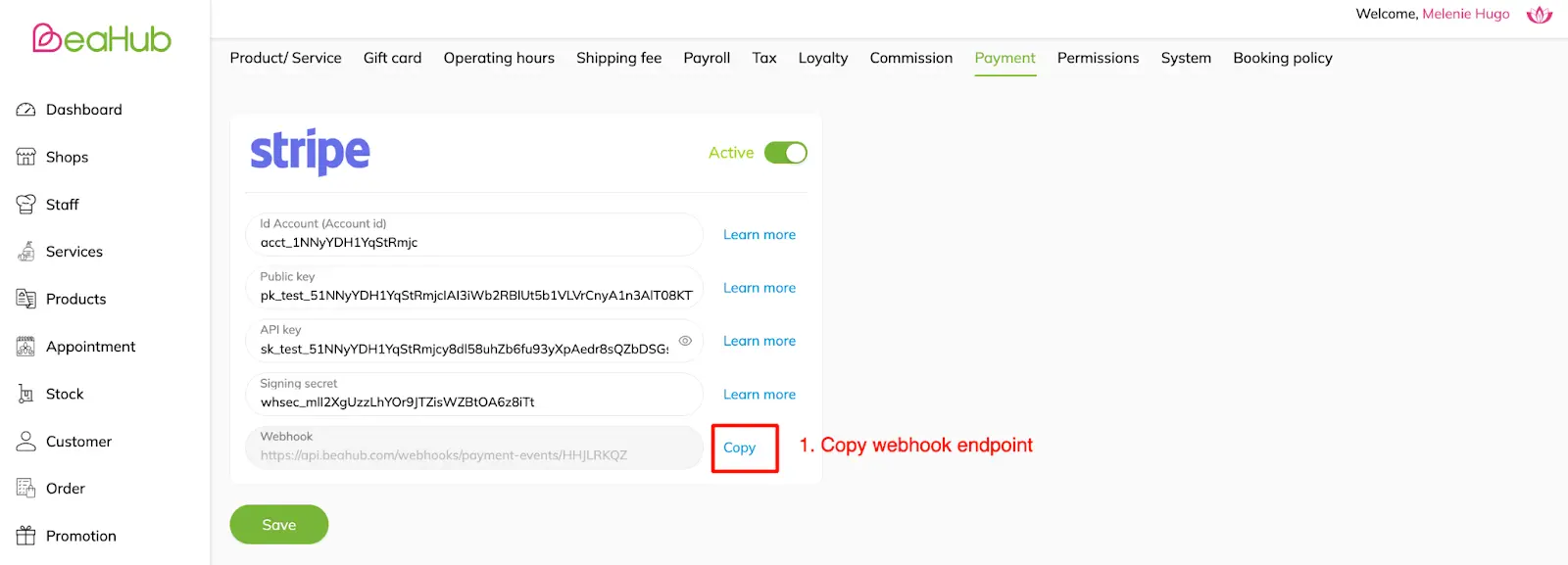 Secret de signature de Stripe : (1) Copier le point de terminaison du webhook sur le site Web du commerçant