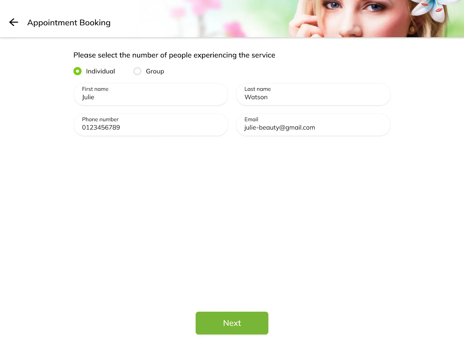 Appointment booking page: Individual bookings