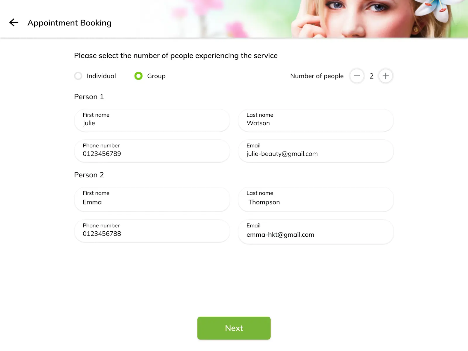 Appointment booking page: Group bookings