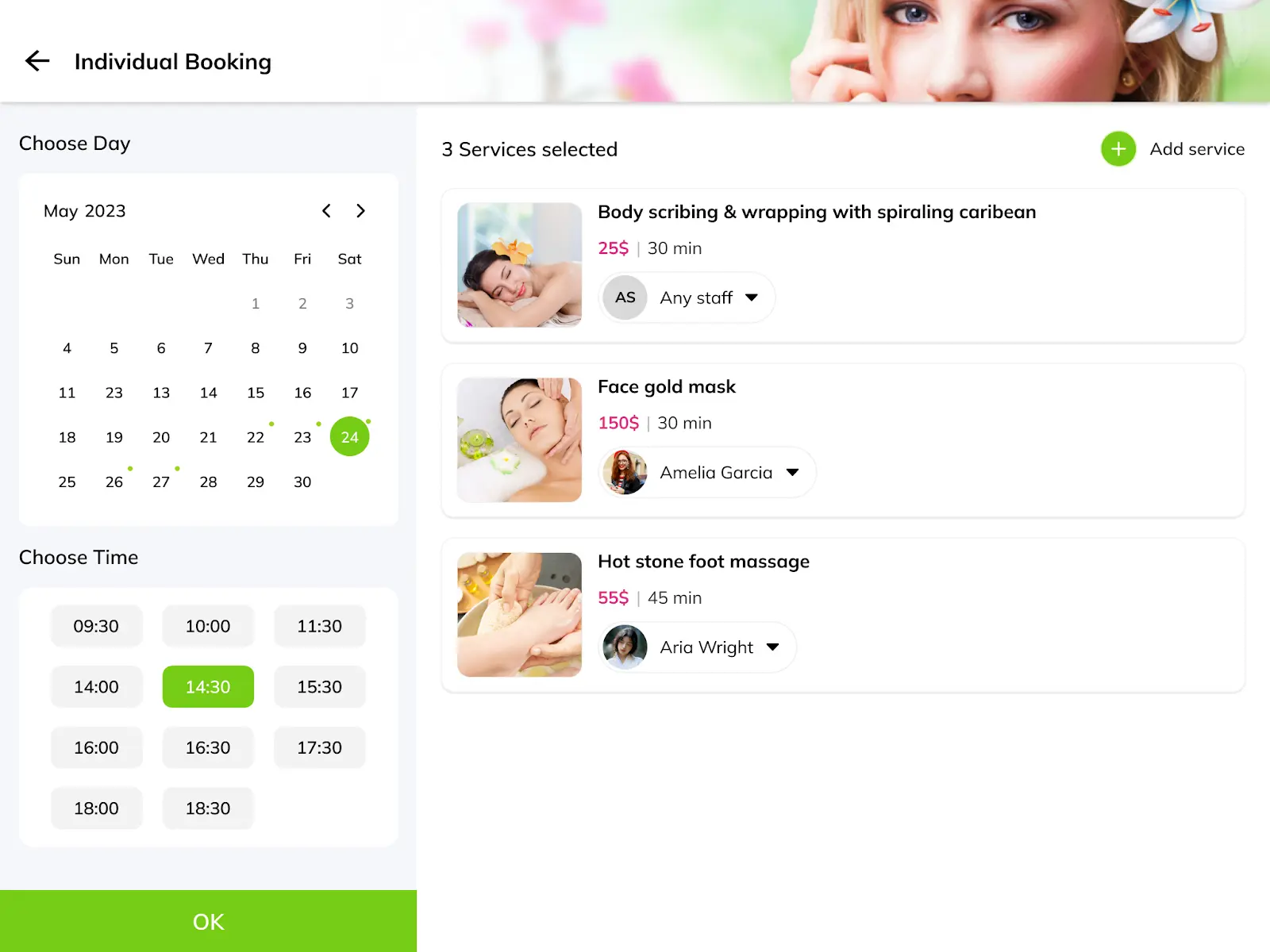 Select date and time, add/remove service and select staff: Individual bookings