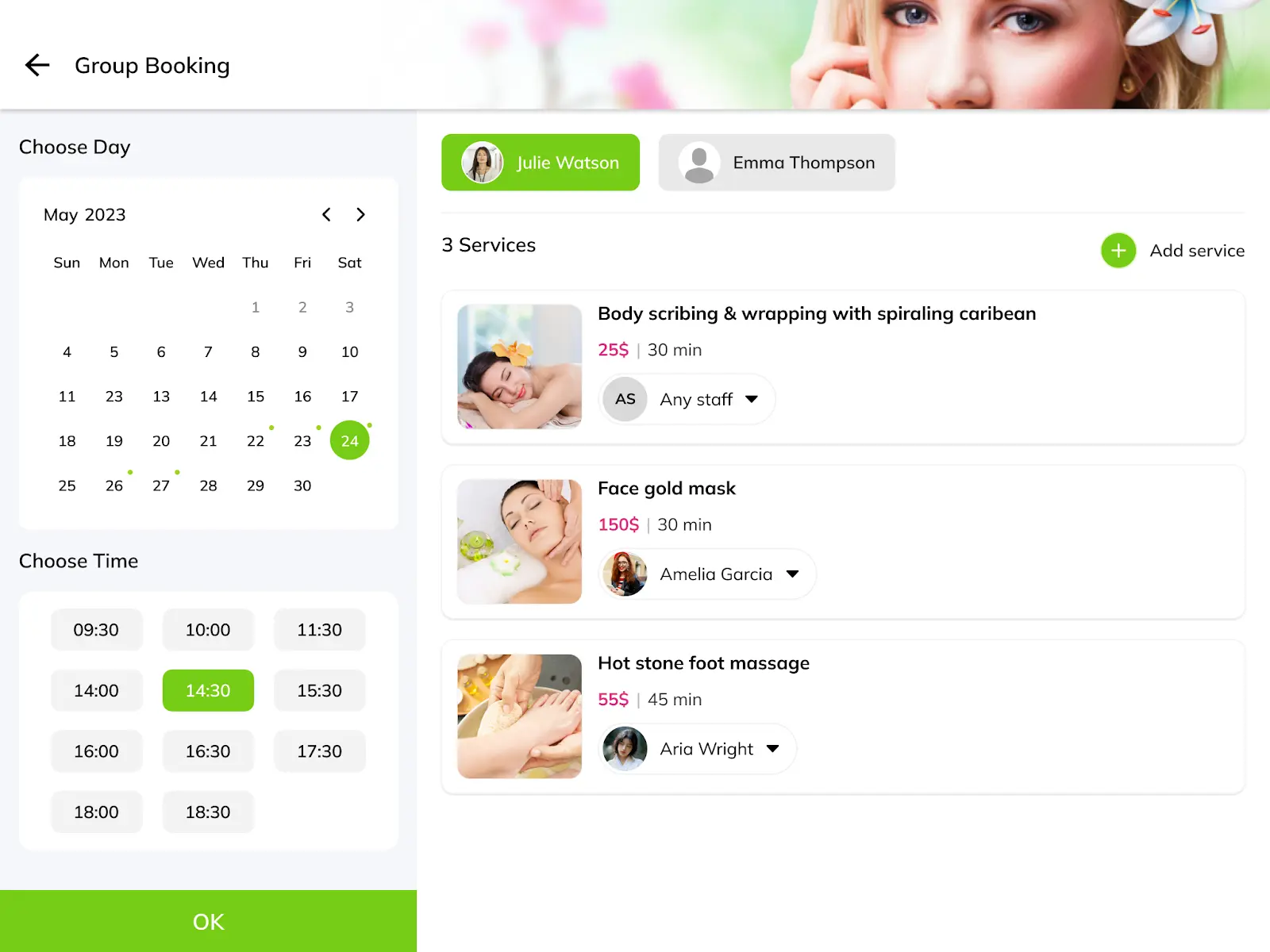 Select date and time, add/remove service and select staff: Group bookings