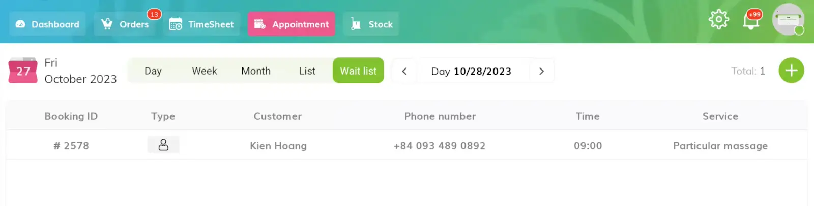 Waitlist appointments listing in Waitlist: use arrow buttons to adjust time